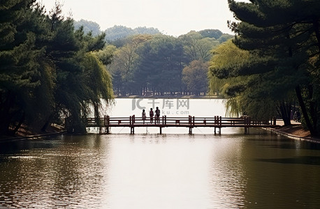 湖上游船卡通背景图片_人们在美丽的公园的码头上行走