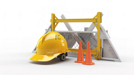 工业建设背景图片_正在施工的白色背景 3d 渲染，具有路障和头盔