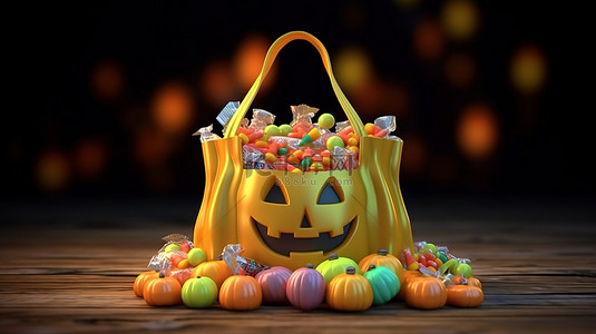 不快乐的背景图片_五颜六色的糖果和糖果从黄色袋子里溢出来庆祝万圣节 3D 渲染图像的节日十月假期