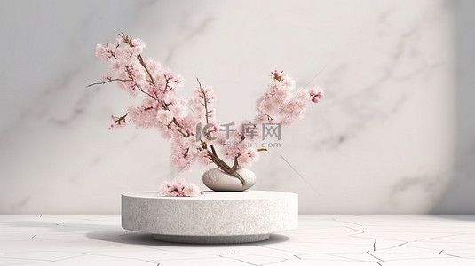产品展示宣传背景图片_优雅的石头讲台展示简约的产品，装饰着白色背景 3D 场景渲染的花朵