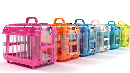 塑料宠物旅行笼与白色背景上的彩色聚碳酸酯手提箱的 3D 渲染