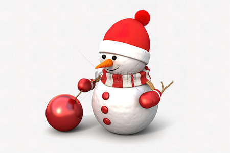 卡通3d可爱背景图片_圣诞卡通白色雪人，戴着红围巾，透明背景上有红球