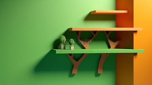 夏季产品展示背景图片_夏季产品展示在 3d 货架上，树影映衬着绿色和橙色背景 3d 渲染图