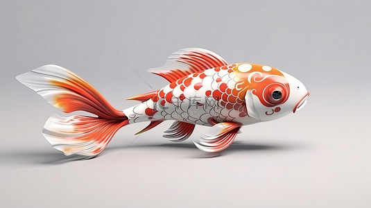 令人惊叹的 3D 锦鲤鱼，在侧视图中捕捉到充满活力的白色和红色图案