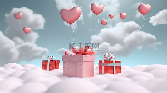 情人节背景与飞行礼品盒心形气球和云彩 3D 渲染插图