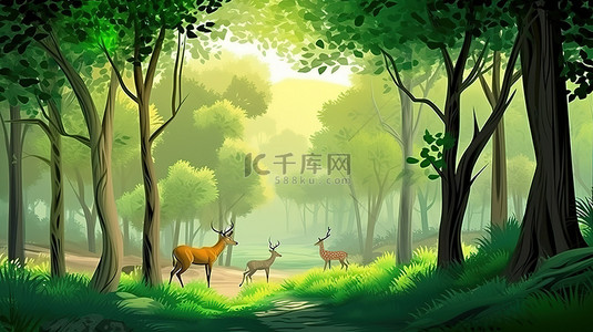 山水风景壁画背景图片_现代 3D 风景壁画壁纸以丛林森林鹿和圣诞树为特色