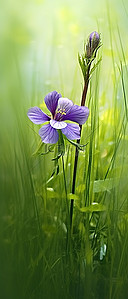 地上绿草中的一朵紫色花