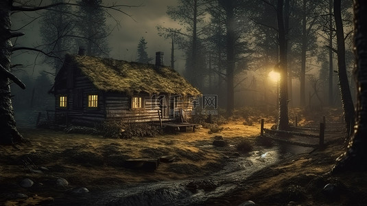 神秘夜晚背景图片_魔法森林之家 3D 窗户照亮的黑暗而神秘的住所
