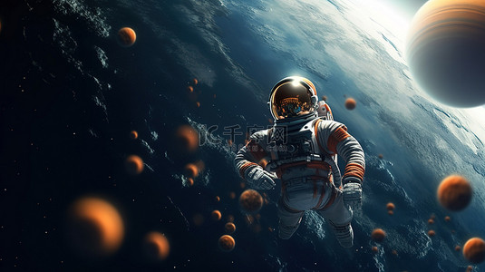 悬浮宇宙背景图片_宇航员在行星之间悬浮 3d 渲染充足的复制空间