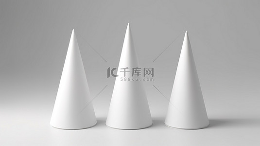 拿铁茶背景图片_三个锥形白色纸杯在 3D 渲染的白色背景上设置模型