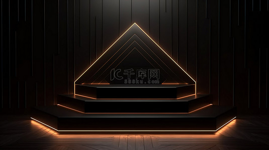 醒目荔枝背景图片_时尚的黑色几何背景，带有醒目的霓虹灯平台，用于 3D 渲染的产品展示