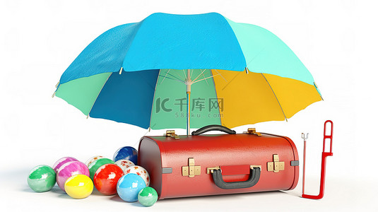 白色背景展示 3D 渲染蓝色手提箱充满活力的沙滩伞彩色球和救生圈