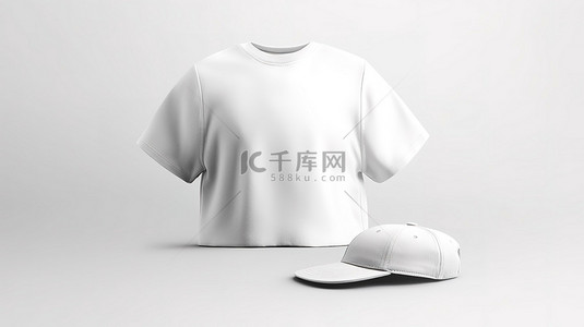 白色t恤样机背景图片_空白白色 T 恤帽，带有用于白色背景 3D 插图上定制设计的空间