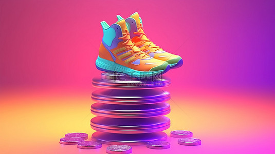 3D 插图加密货币趋势通过 nft 运动鞋和底座上的硬币堆赚钱