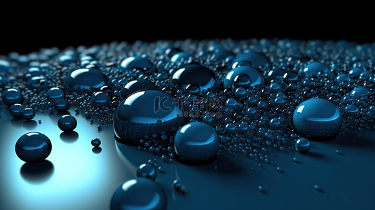 蓝色闪亮的球体和水滴装饰着 3D 渲染中的抽象表面