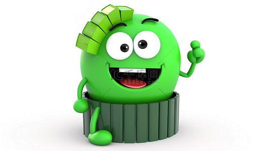 图垃圾桶背景图片_3D 渲染绿色垃圾桶吉祥物，白色背景上带有回收标志和信息图形业务饼图