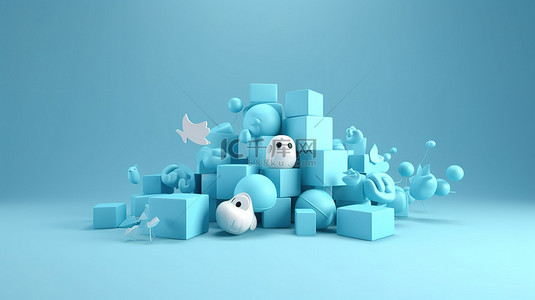 浅蓝色背景上带有通信应用程序的 3D 社交媒体中心的插图
