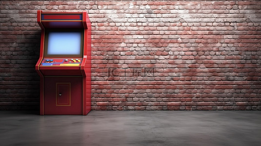 砖墙前的空白屏幕游戏机的 3D 渲染，用于定制设计