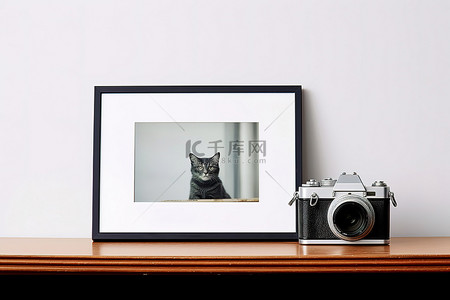 旧桌子背景图片_桌子上放着一台旧相机，旁边是一张带框的猫照片