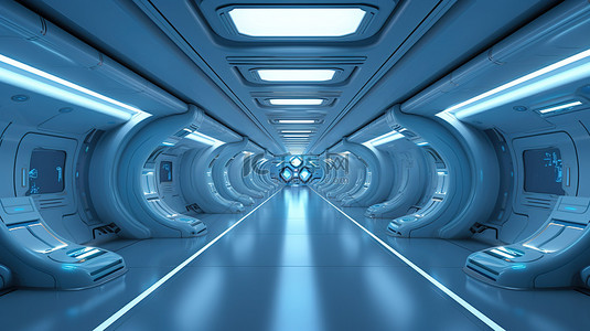 未来太空背景图片_未来派太空飞船走廊发光蓝色 3D 室内渲染科幻风格