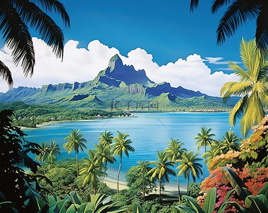 两棵大热带树俯瞰着清澈的蓝色海水