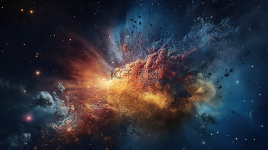爆炸爆炸背景背景图片_宇宙混乱大规模爆炸将恒星和行星释放到虚空令人惊叹的 3D 插图