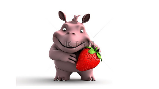 搞笑的 3D 犀牛卡通抓着甘美的草莓