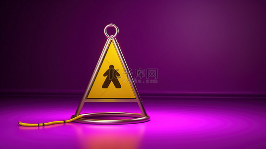 3D 渲染紫色背景，带有便携式地板标志警告