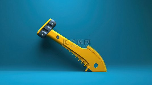 蓝色手锯的黄色简约 3D 渲染是工艺技术人员和工程师的必备工具