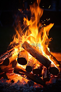 篝火后面有火焰和木头