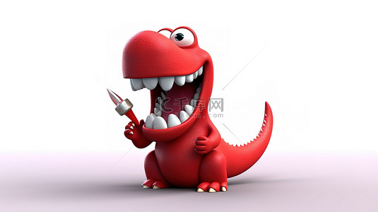 卡通牙背景图片_幽默的 3D 红色恐龙人物抓着一颗牙齿