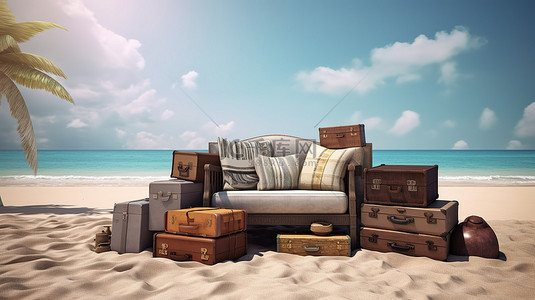 带 3D 渲染沙发和一堆行李的热带海滩环境