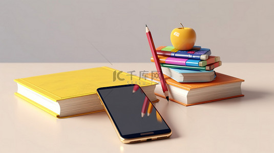 在线课程背景图片_e 学习触手可及 3D 渲染手机簿和铅笔在白墙上