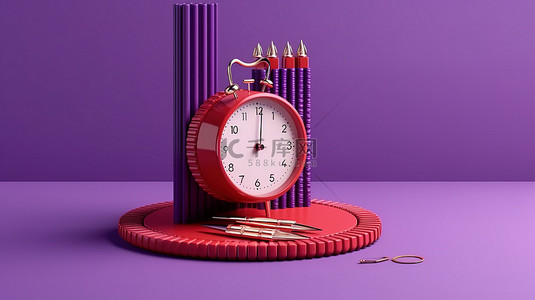 3d 渲染的紫色组织者，在红色钟表旁边对齐环形周线和日历