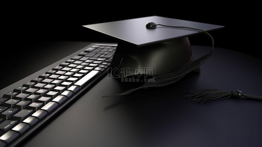 在线课程背景图片_毕业帽搁在具有 3D 黑板背景的电脑键盘上