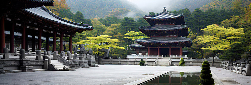 cheiloungsan 寺庙内的庭院，有柱子和小瀑布