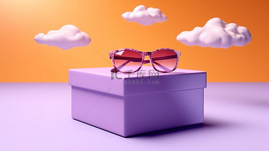 氛围海报背景图片_夏日氛围礼盒，紫色背景上有太阳镜浮云，以 3D 渲染