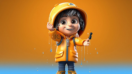 俏皮的 3D 卡通人物，其中一个孩子为雨天做好了准备