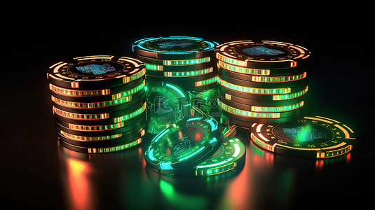 黑色背景上隔离的发光霓虹灯的 3D 渲染，配有赌场筹码