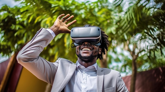 眼镜酷酷背景图片_快乐的非洲青年参与 3D 虚拟现实体验
