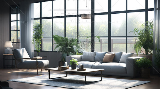 带简约沙发的 3D 渲染时尚现代客厅