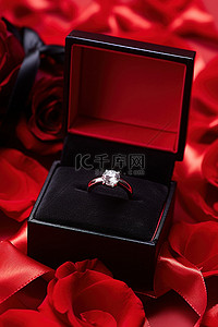 我们订婚了背景图片_黑色盒子，红色花瓣上有订婚戒指