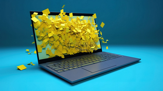 蓝色背景上的黄色便签围绕着一台 3D 渲染的笔记本电脑