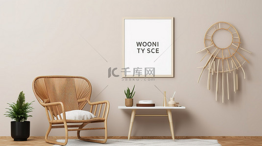 斯堪迪波西米亚风格的客厅，配有模拟海报框架白色扶手椅和 3D 渲染的木制家具