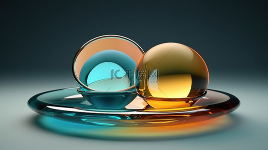 3D 渲染展示具有玻璃形态效果的圆形玻璃形状的简约组合