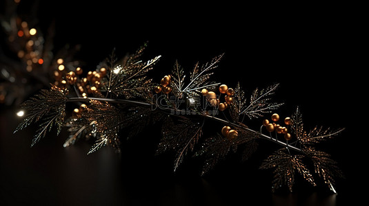 黑色背景装饰着别致的圣诞树枝和 3D 渲染中的复杂颗粒