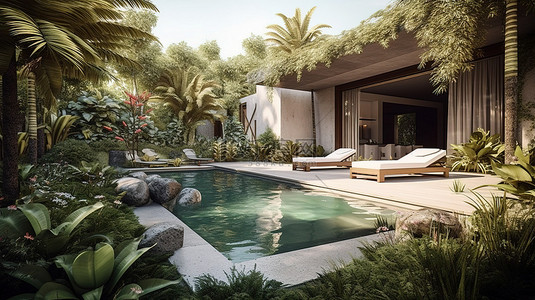 异国情调的花园绿洲，带游泳池的 3D 渲染现代别墅