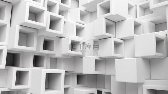 具有块状图案立面的简约白色几何建筑的当代 3D 渲染