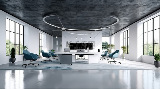 海边家具图背景图片_以灰色地毯地板白色办公桌和会议室为特色的时尚现代办公空间的 3d 渲染