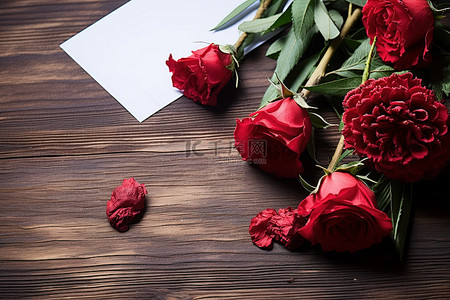 谢谢您陪我长大背景图片_木地板上的几张纸红玫瑰和松果